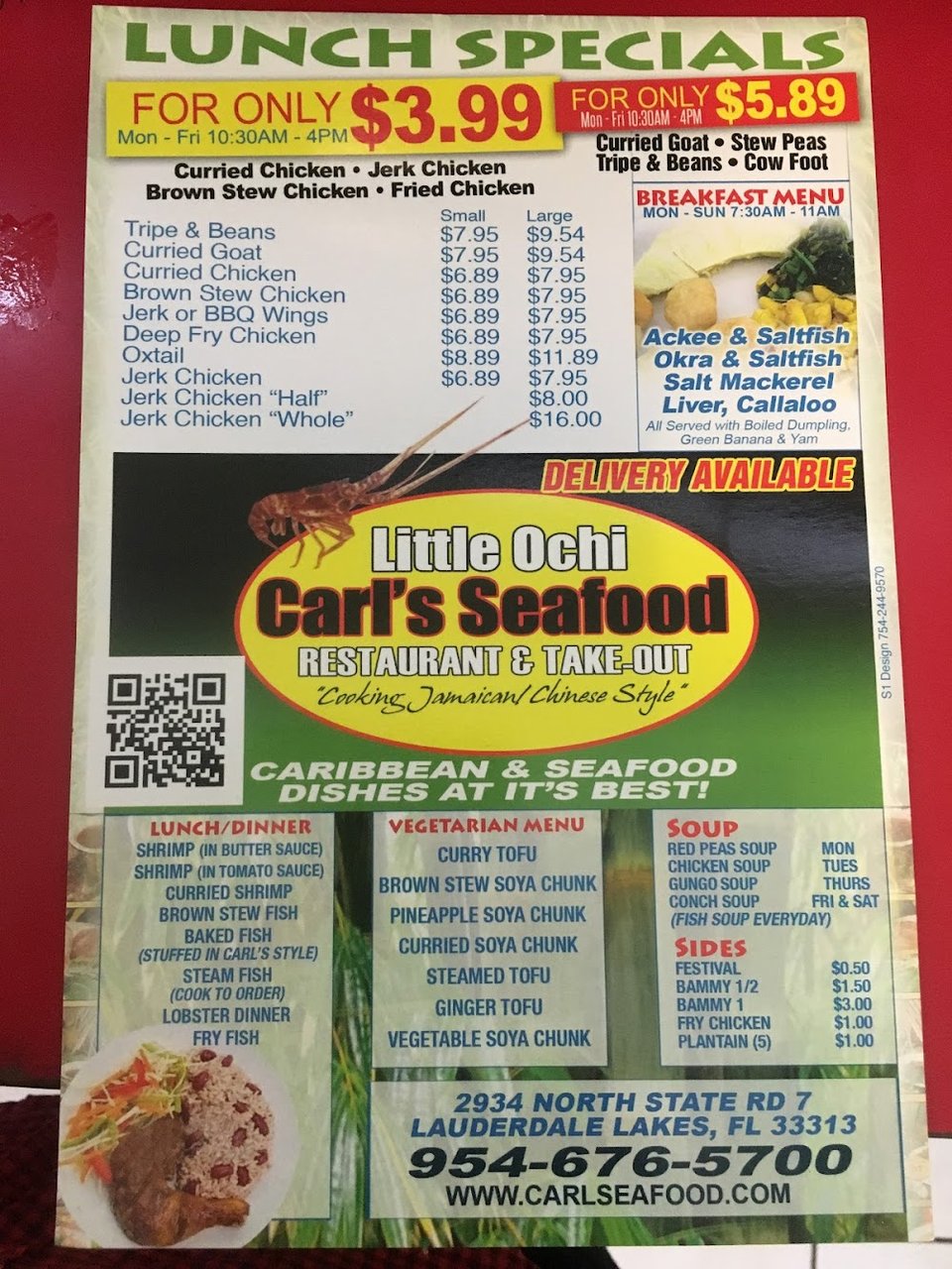 Printed menu for breakfast and Caribbean seafood dishes.