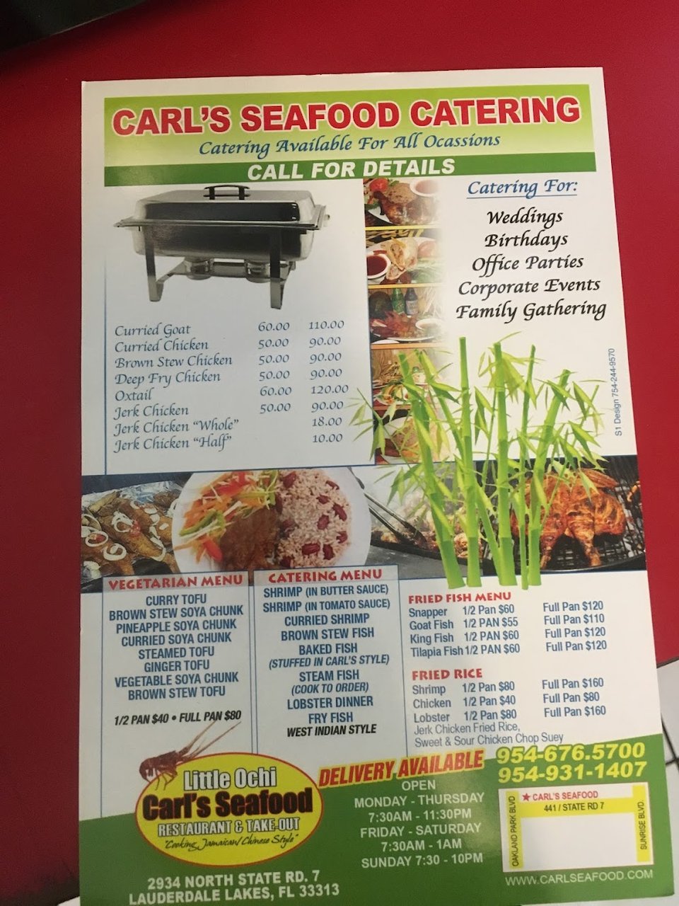 Restaurant menu page with Jamaican-Chinese specialties listed.