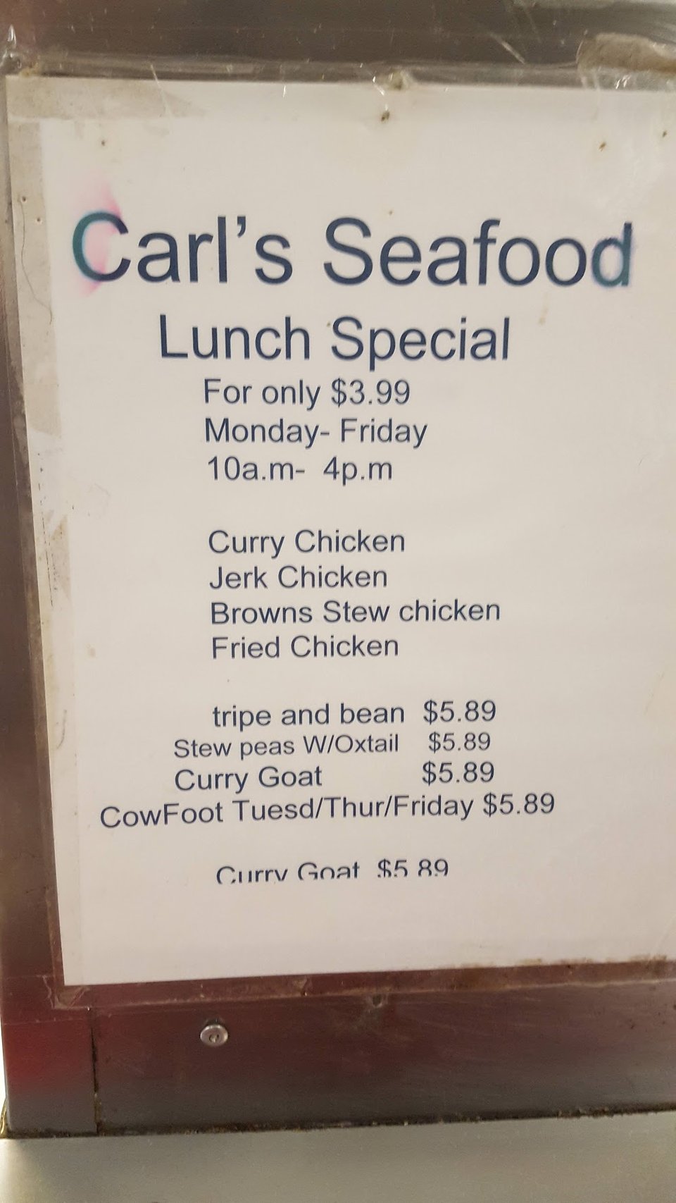 Menu layout showing breakfast options and seafood selections.