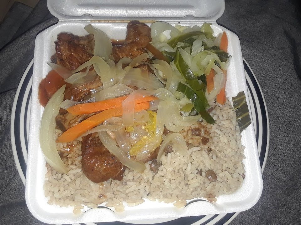 Brown Stew Chicken Rice & Peas Cabbage